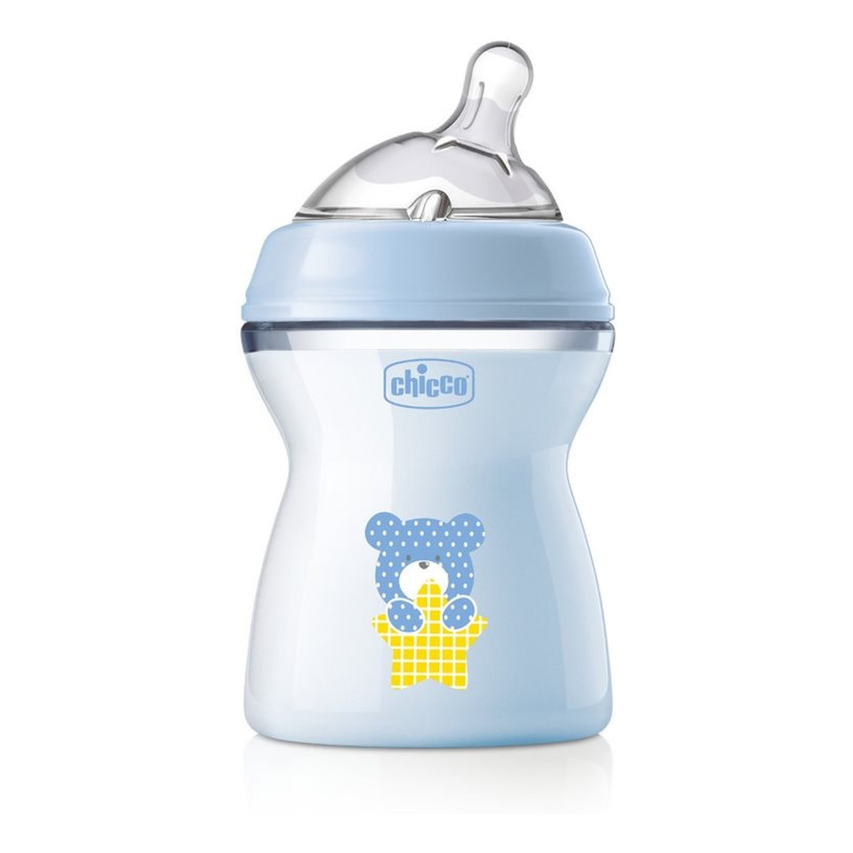 Chicco NaturalFeeling butelka plastikowa ze smoczkiem silikonowym przepływ średni 2m+ Niebieska 250ml