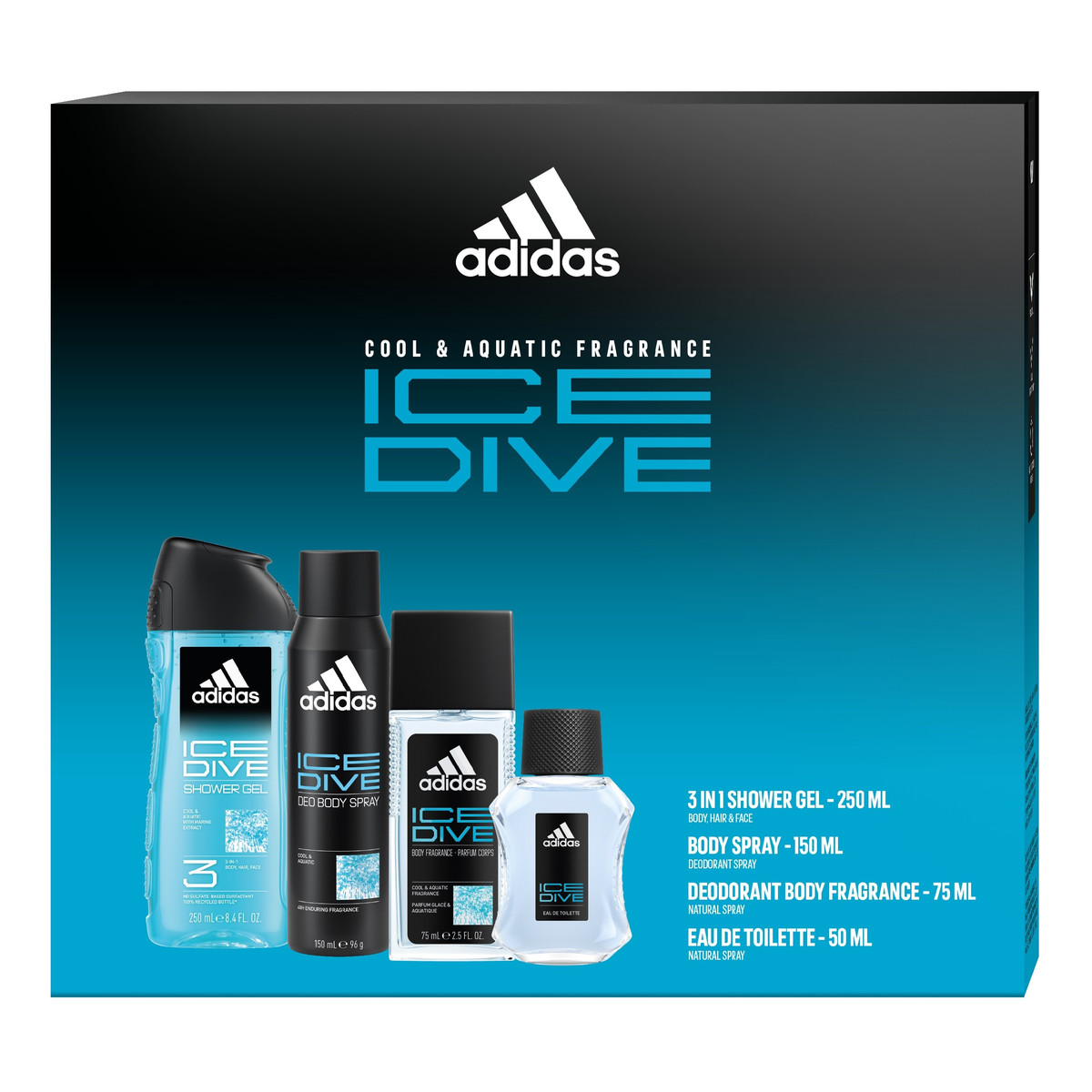 Adidas ADIDAS Zestaw prezentowy ice dive (dezodorant naturalny spray 75ml+dezodorant spray 150ml+żel pod prysznic 3w1+woda toaletowa 50ml)