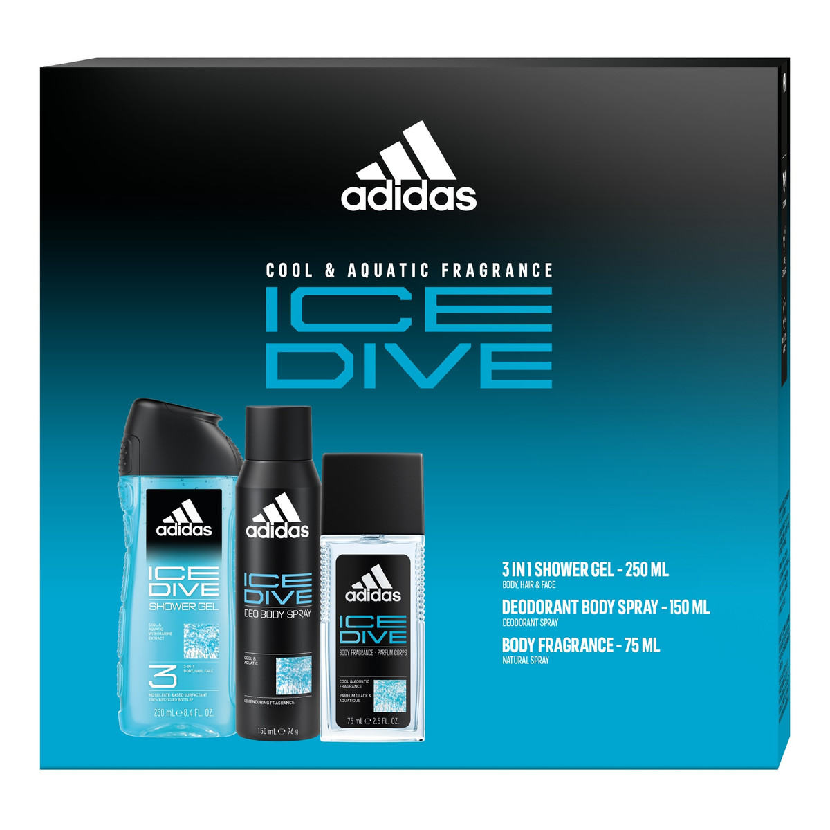 Adidas Ice Dive Zestaw prezentowy (dezodorant naturalny spray 75ml+dezodorant spray 150ml+żel pod prysznic 3w1)