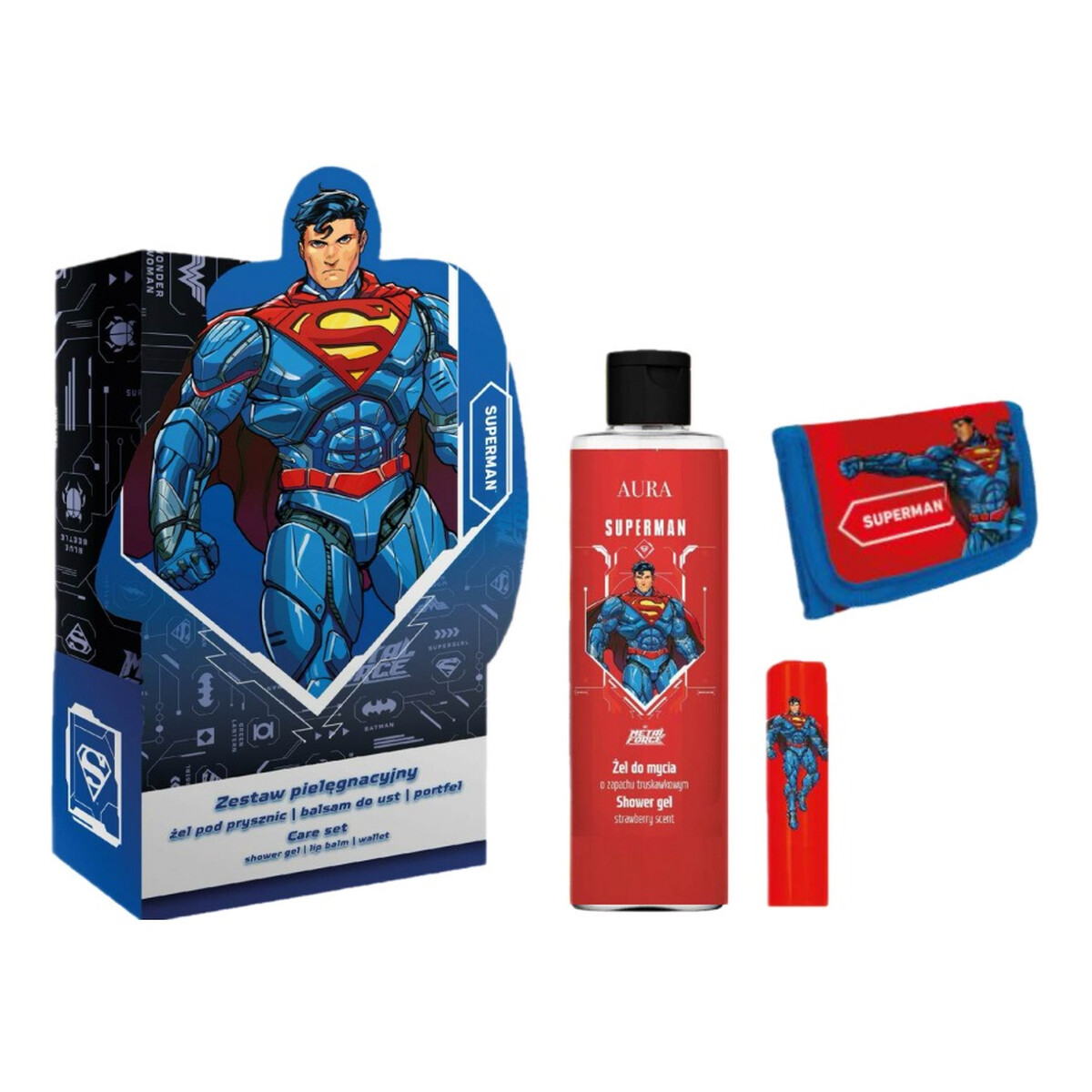 Aura Superman Zestaw żel pod prysznic 200ml + balsam do ust 3.8g + portfel
