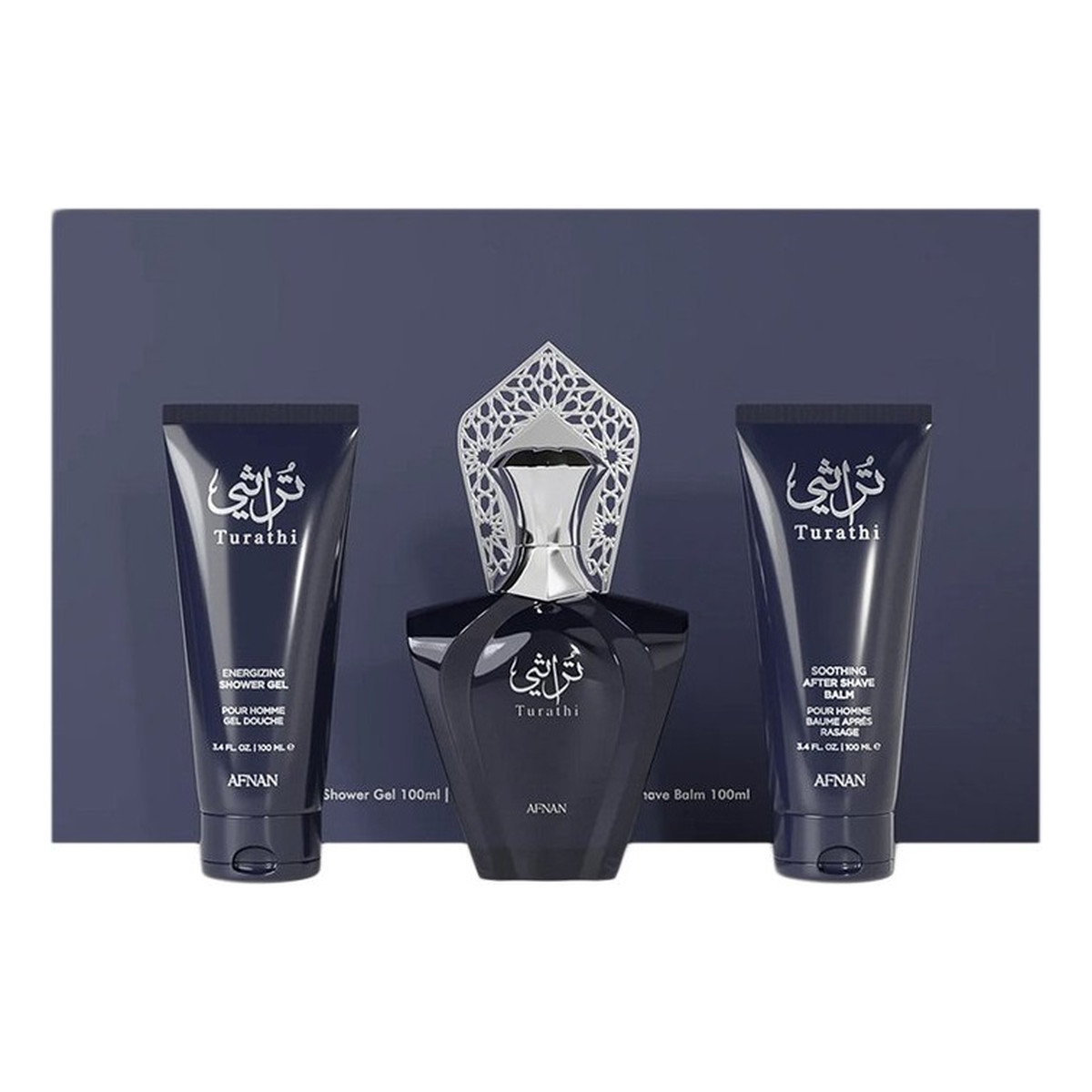 Afnan Turathi Blue Pour Homme Zestaw woda perfumowana spray 90ml + żel pod prysznic 100ml + balsam po goleniu 100ml