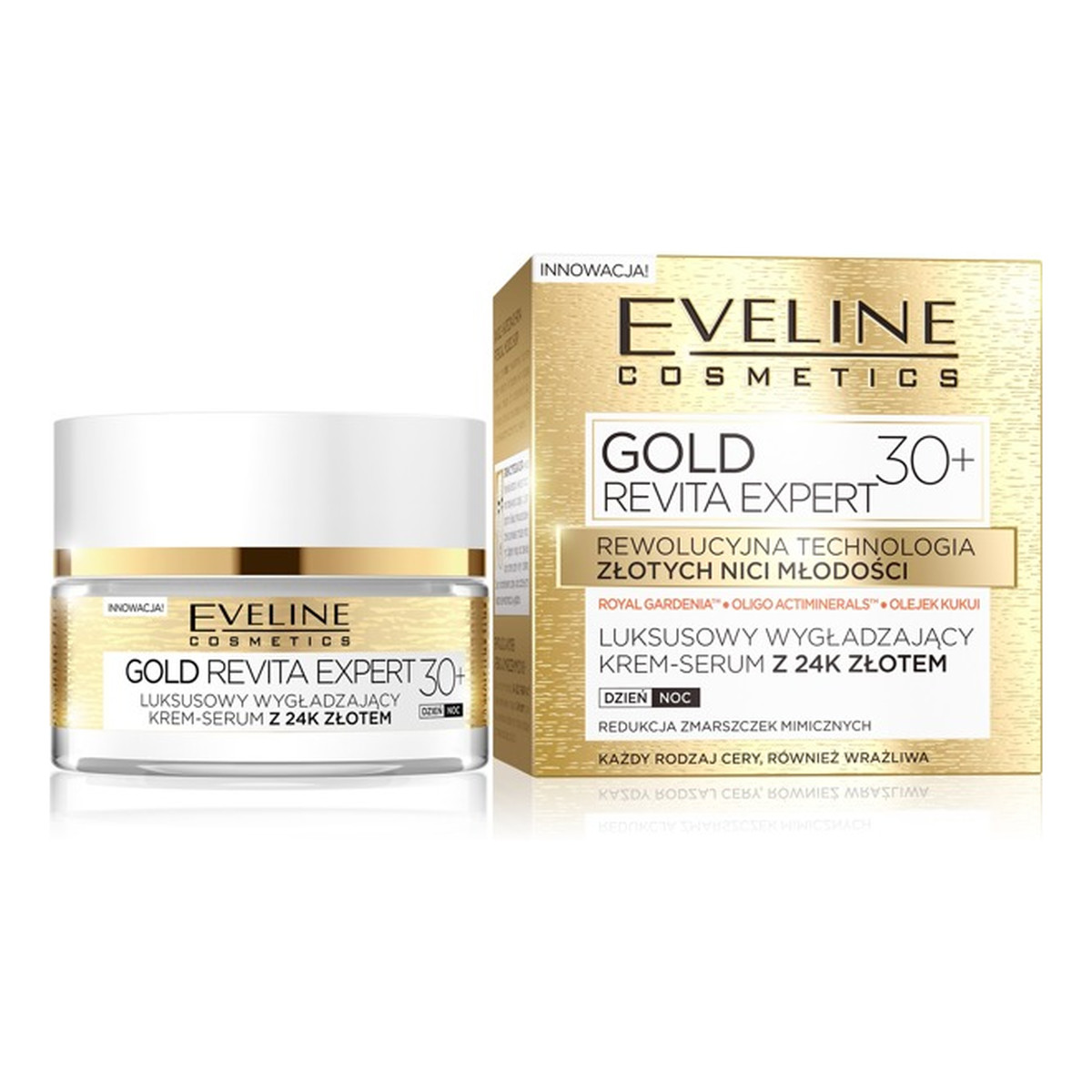 Eveline Gold Revita Expert 30+ wygładzający luksusowy krem-serum z 24K ze złotem na dzień i na noc 50ml