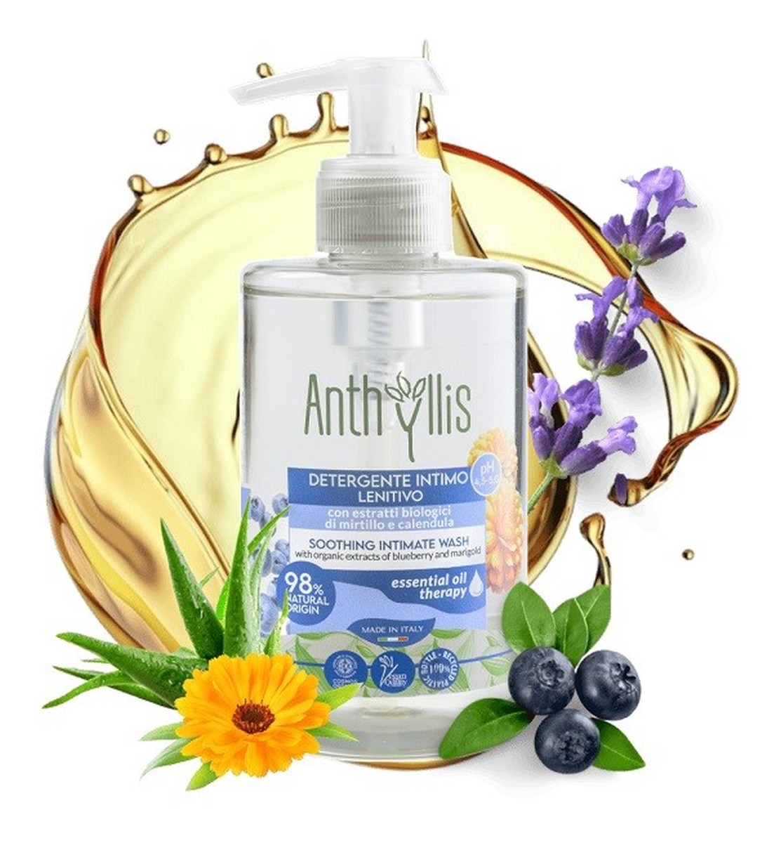 Kojący bio płyn do higieny intymnej z organicznymi ekstraktami z borówki i nagietka