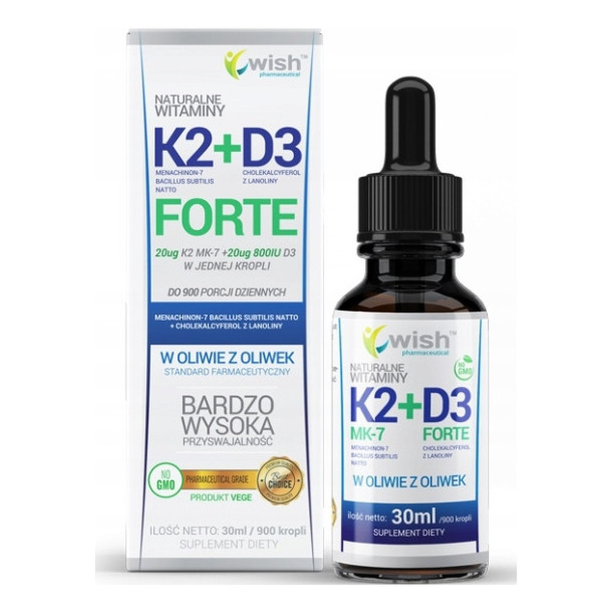Wish Pharmaceutical Witamina K2 MK-7 + D3 Forte w kroplach suplement diety 30ml