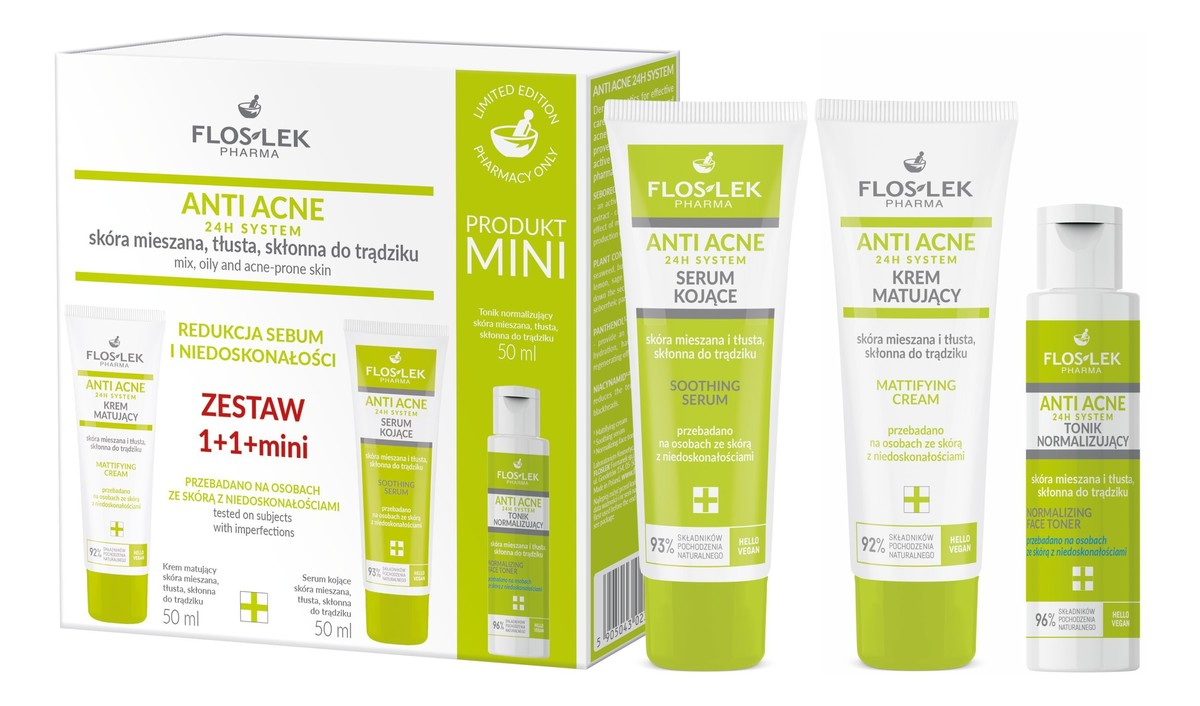 Zestaw prezentowy anti acne krem matujacy + serum kojące + tonik normalizujący