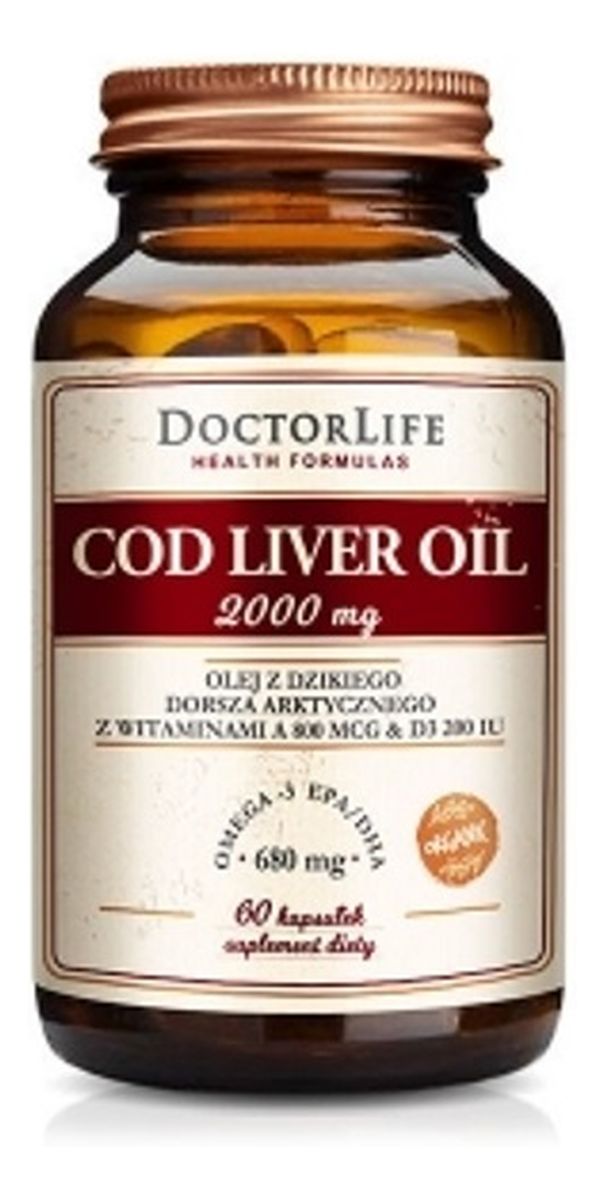 Cod Liver Oil 2000mg olej z dzikiego dorsza arktycznego z witaminami A 800mcg suplement diety 60 kapsułek