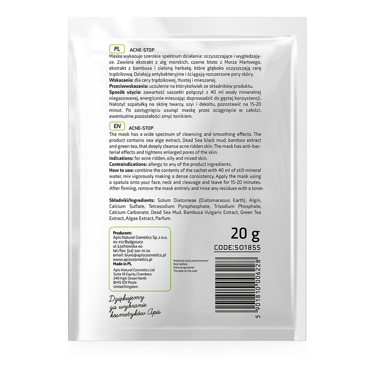 Apis Acne-Stop maska algowa dla cery trądzikowej z bambusem zieloną herbatą i czarnym błotem z Morza Martwego 20g