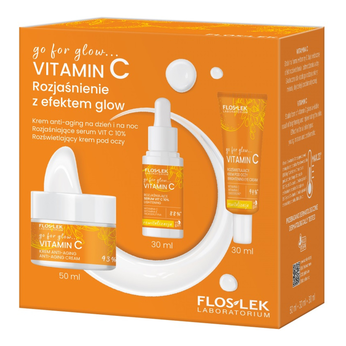 FlosLek go for glow…VITAMIN C Rozjaśnienie z efektem glow Zestaw krem anti-aging na dzień i na noc 50ml + rozjaśniające serum vit c 10% 30ml + rozświetlający krem pod oczy 30ml