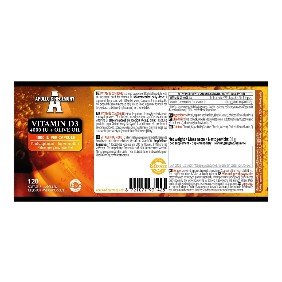 Apollo's Hegemony Vitamin D3 4000 IU + Olive Oil suplement diety 120 Kapsułek