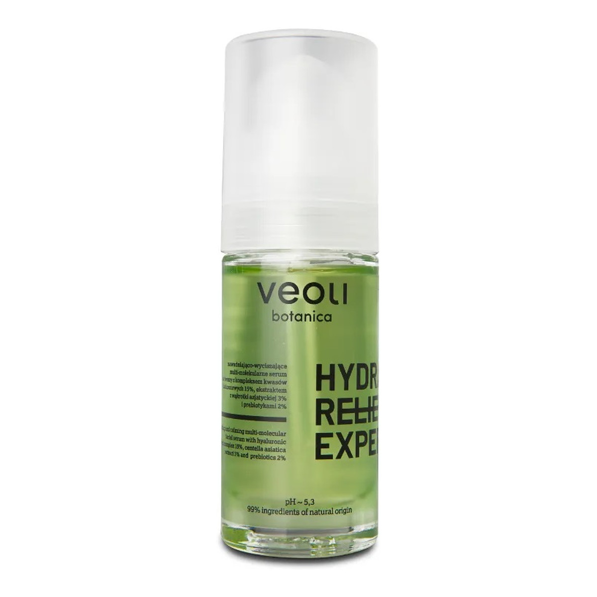 Veoli Botanica Hydra relief expert nawadniająco-wyciszające multi-molekularne serum do twarzy z kompleksem kwasów hialuronowych 15% ekstraktem z wąkrotki azjatyckiej 3% i prebiotykami 2% 30ml