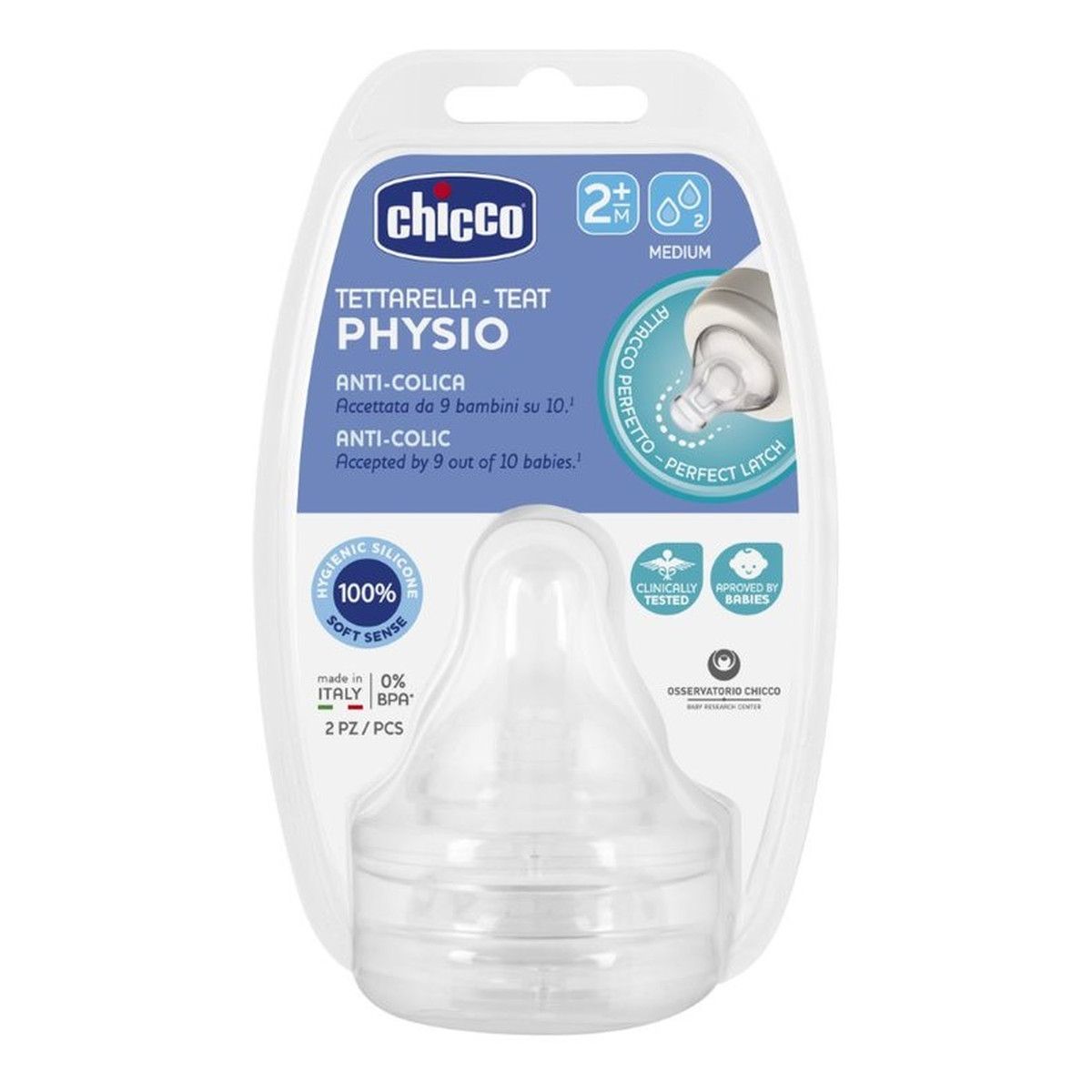 Chicco Physio smoczek antykolkowy na butelkę przepływ średni 2m+ 2szt