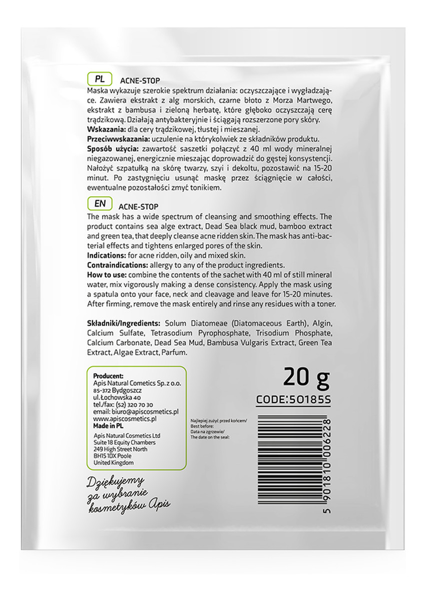 maska algowa dla cery trądzikowej z bambusem zieloną herbatą i czarnym błotem z Morza Martwego