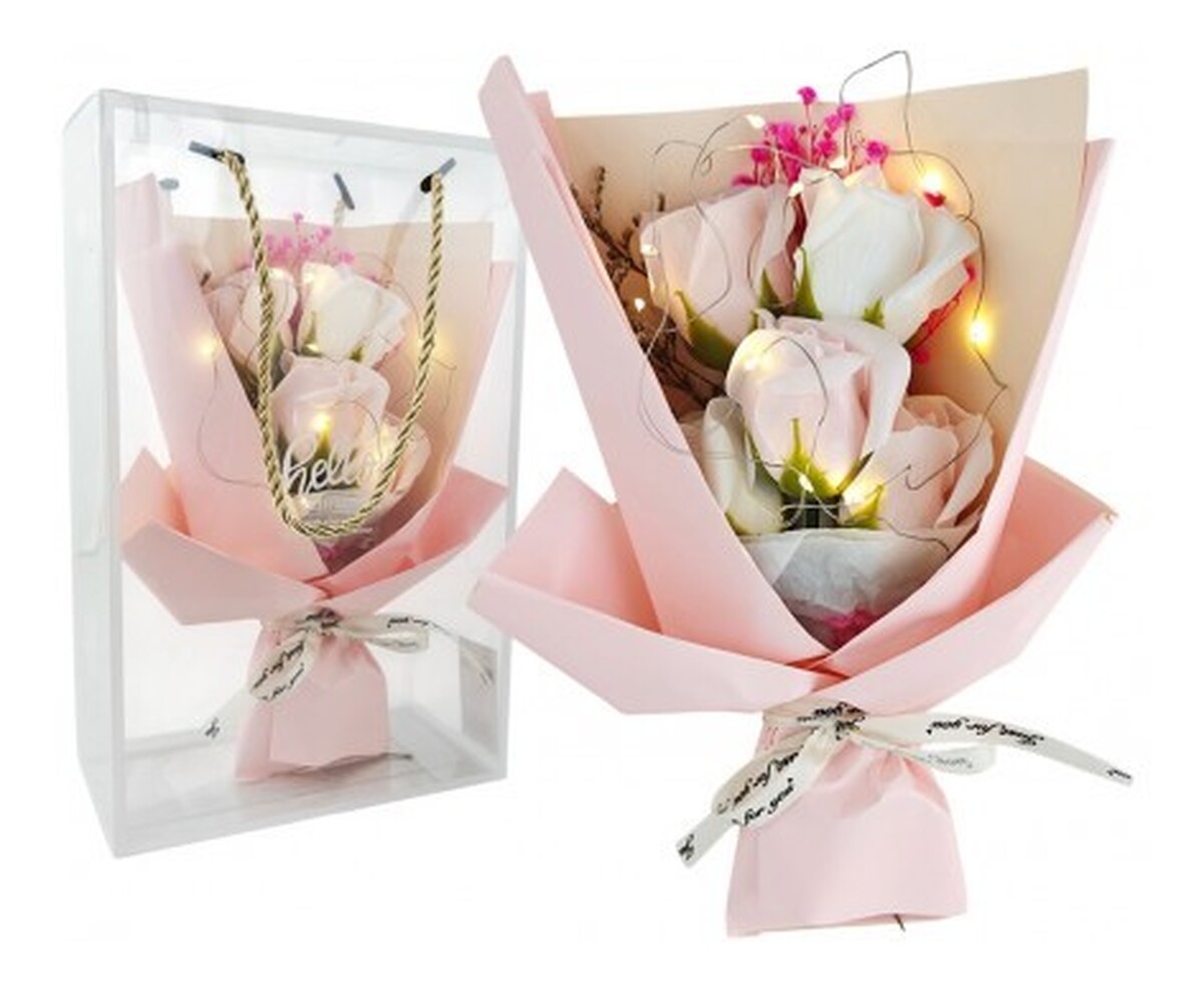 Bukiet zapachowych kwiatów mydlanych w pudełku na prezent, świecące led (buk16)