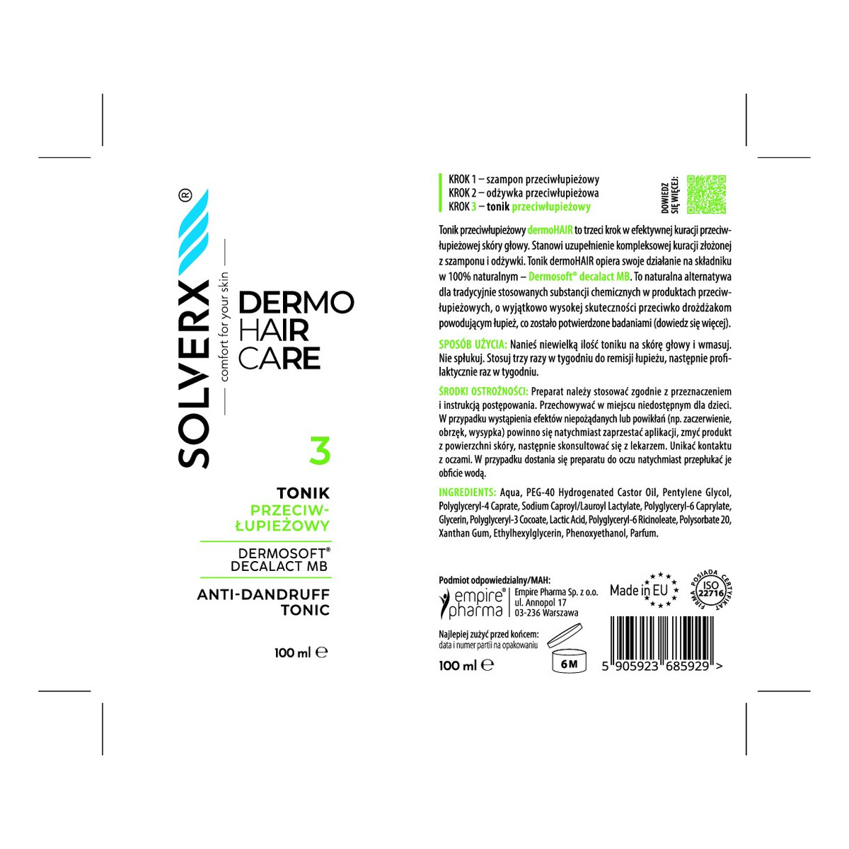 Solverx dermoHAIR przeciwłupieżowy tonik 100ml