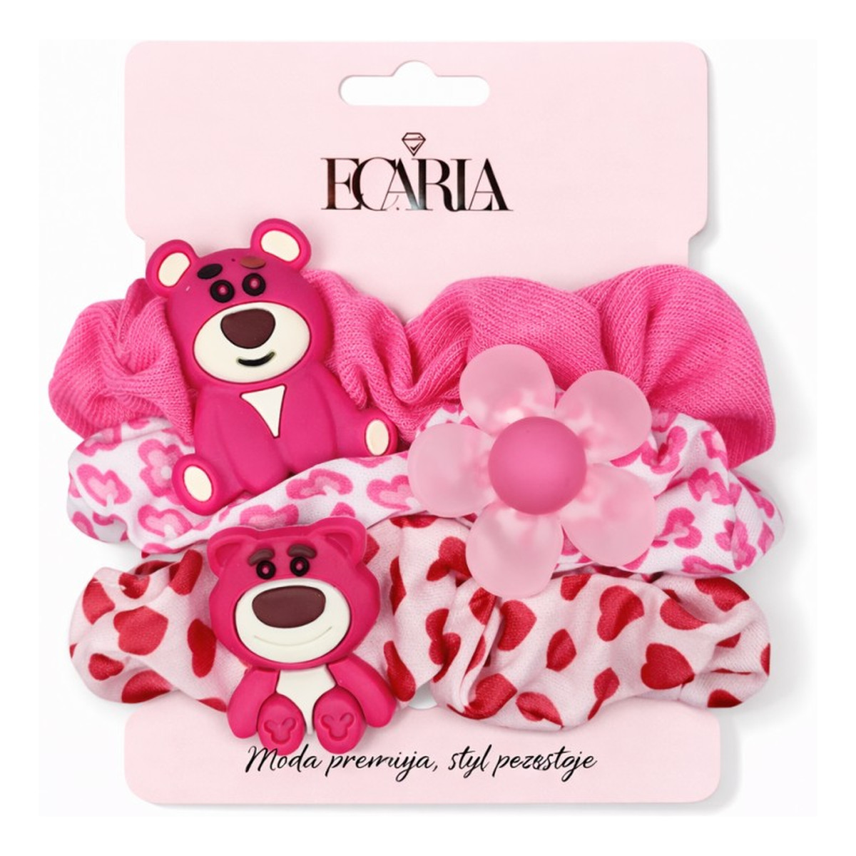 Ecarla Zestaw frotek gumek 3w1 na plakietce różowe misie kwiat gum190