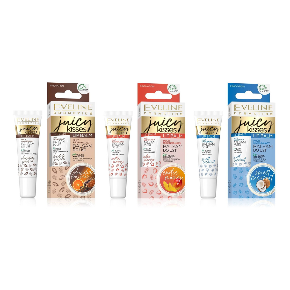 Eveline Juicy Kisses Lip Balm Zestaw regenerujący balsam do ust exotic mango 6x12ml + nawilżający balsam do ust sweet coconut 6x12ml + regenerujący balsam do ust chocolate pasion 6x12ml