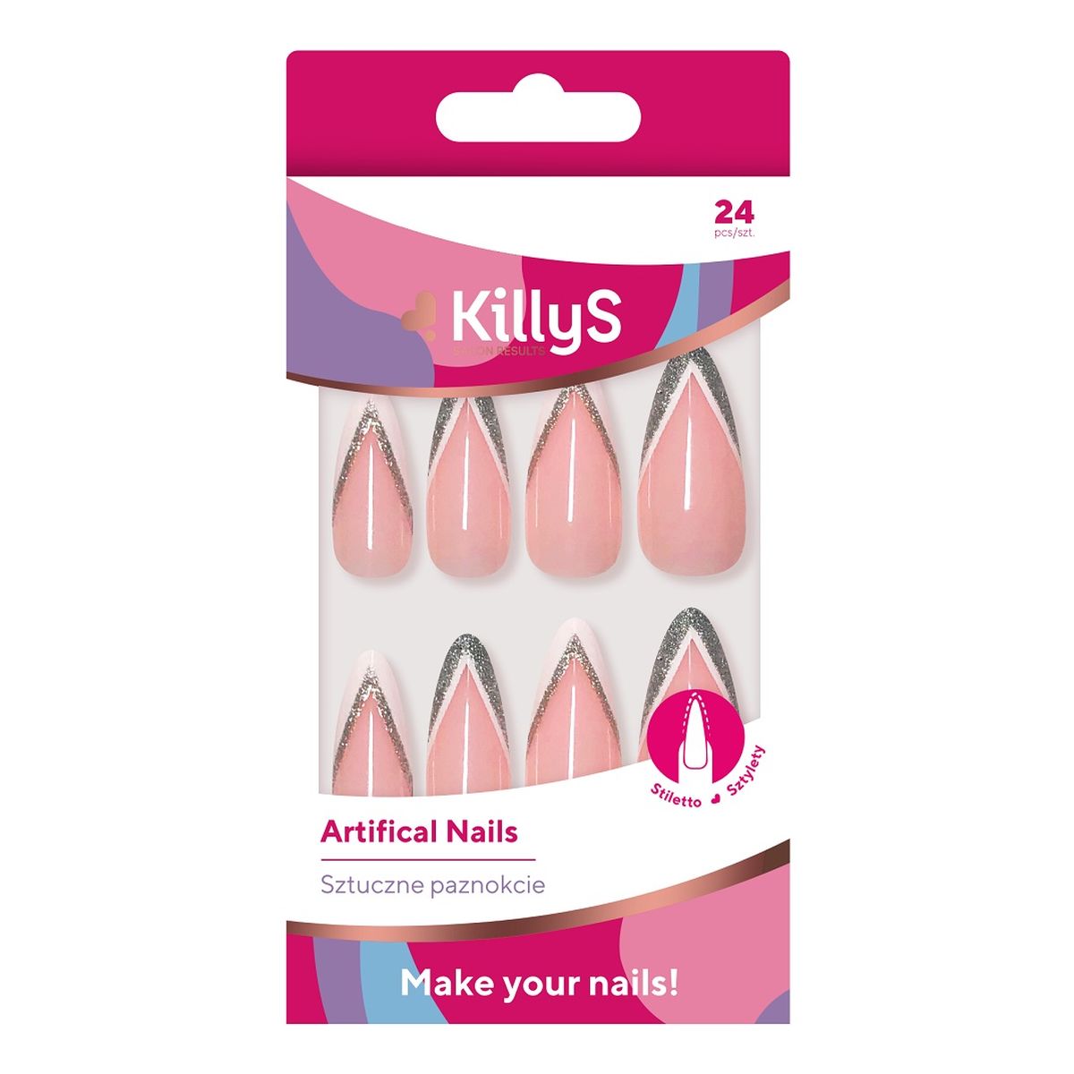 KillyS Artifical nails sztuczne paznokcie stiletto silver glitter french 24szt