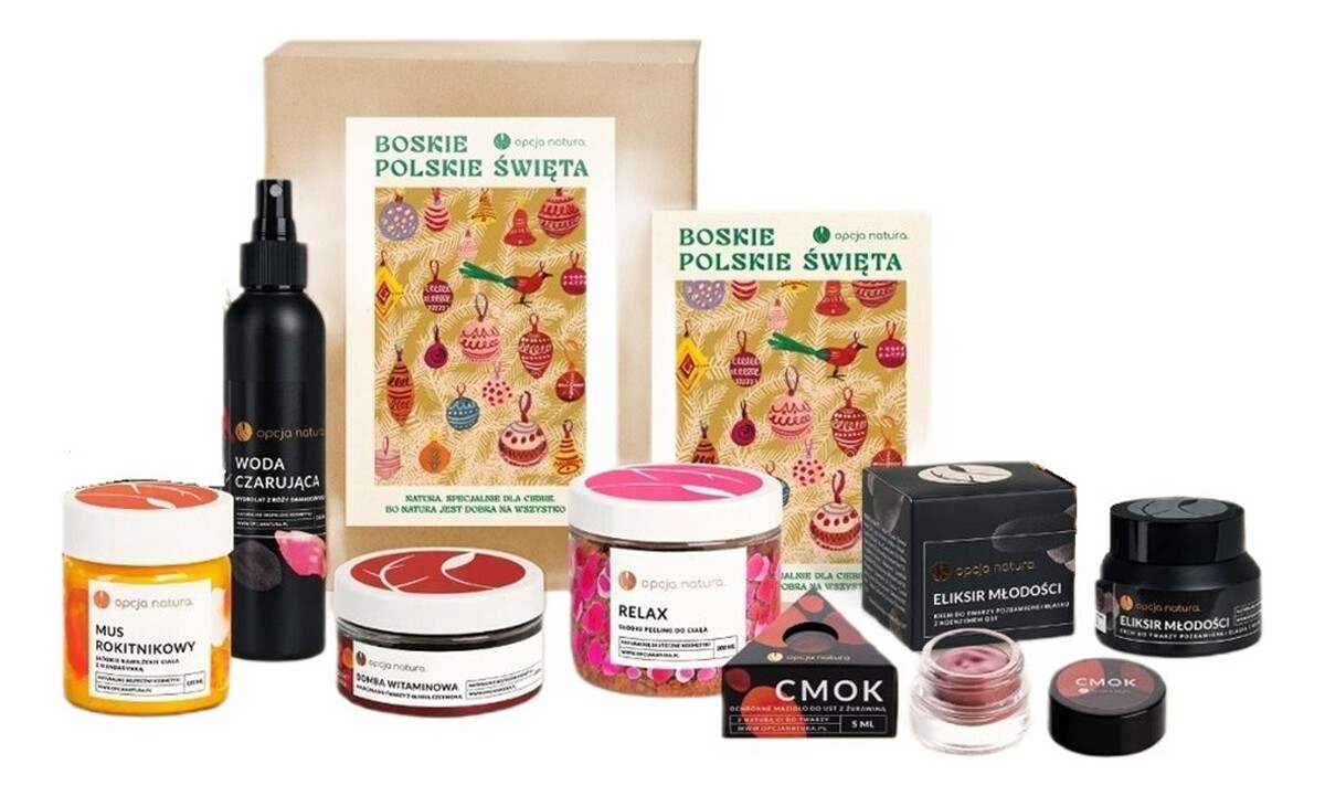 Zestaw woda czarująca 100ml + słodki peeling do ciała 200ml + ochronne masło do ust z żurawiną 5ml + eliksir młodości 50ml + mus rokitnikowy do ciała 120ml + maseczka do twarzy z glinką czerwoną 100ml