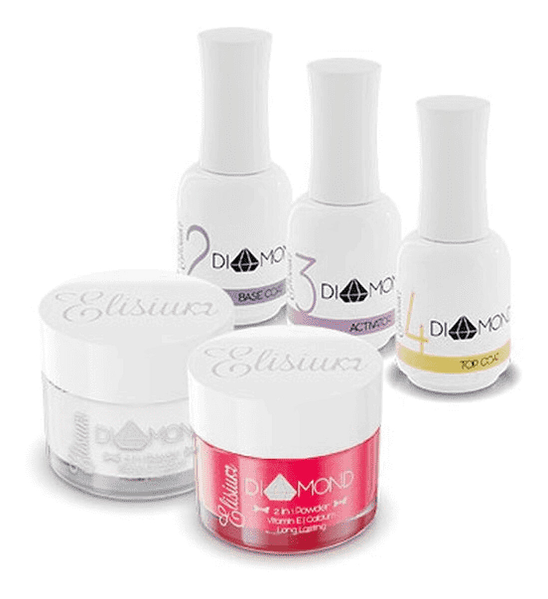 Zestaw Diamond Mini Base Coat 15ml + Activator 15ml + Top Coat 15ml + Clear 23g + żel Red East 23g