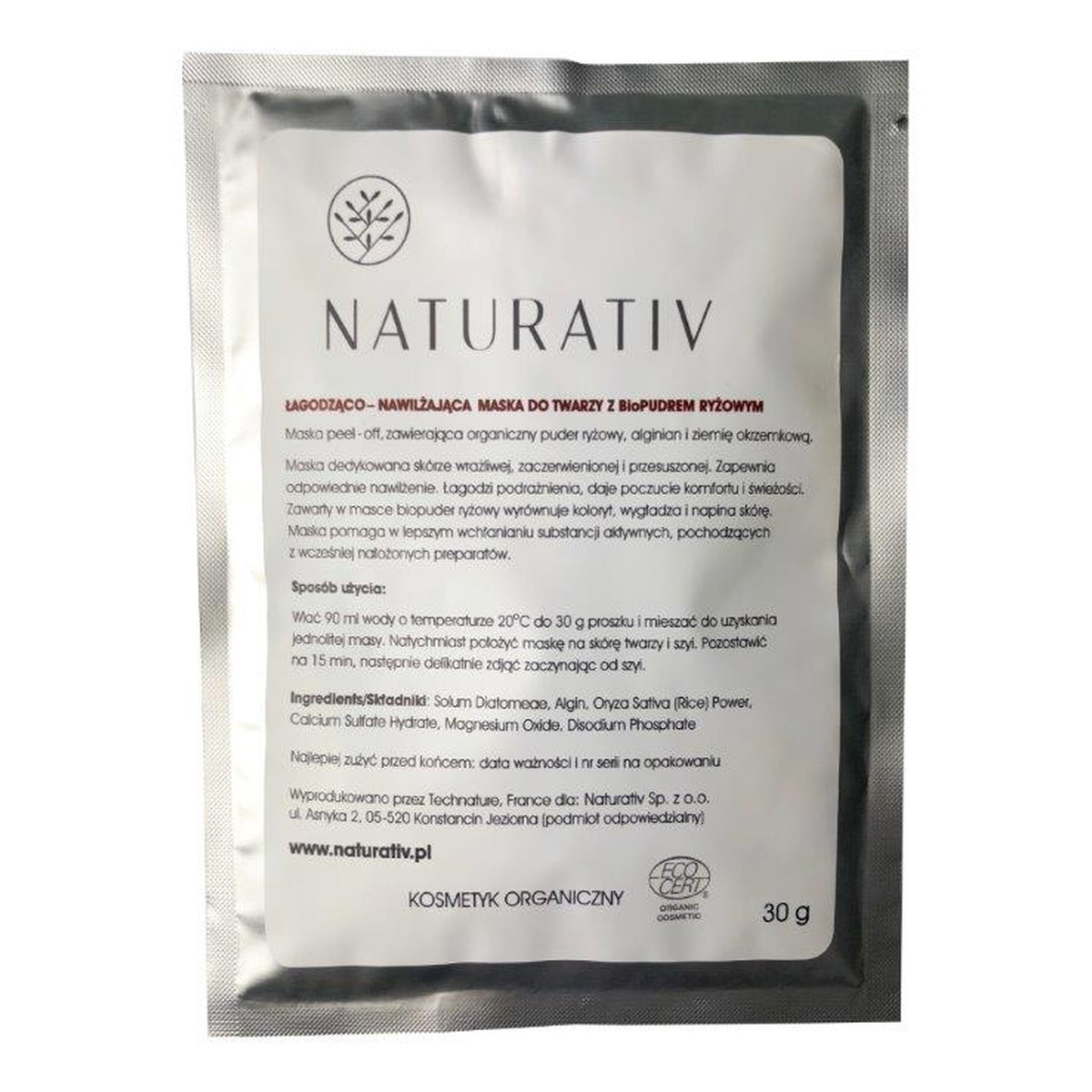 Naturativ łagodząco-nawilżająca maska do twarzy z bio-pudrem ryżowym 30g
