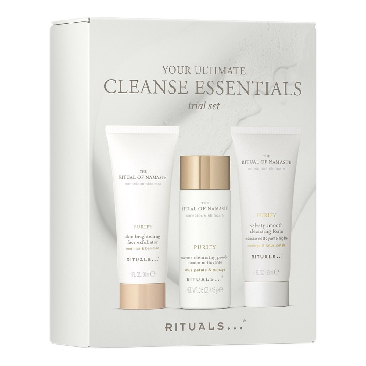 Rituals Your Ultimate Cleanse Essentials zestaw rozjaśniający peeling 30ml + pianka oczyszczająca 30ml + puder oczyszczający 15g