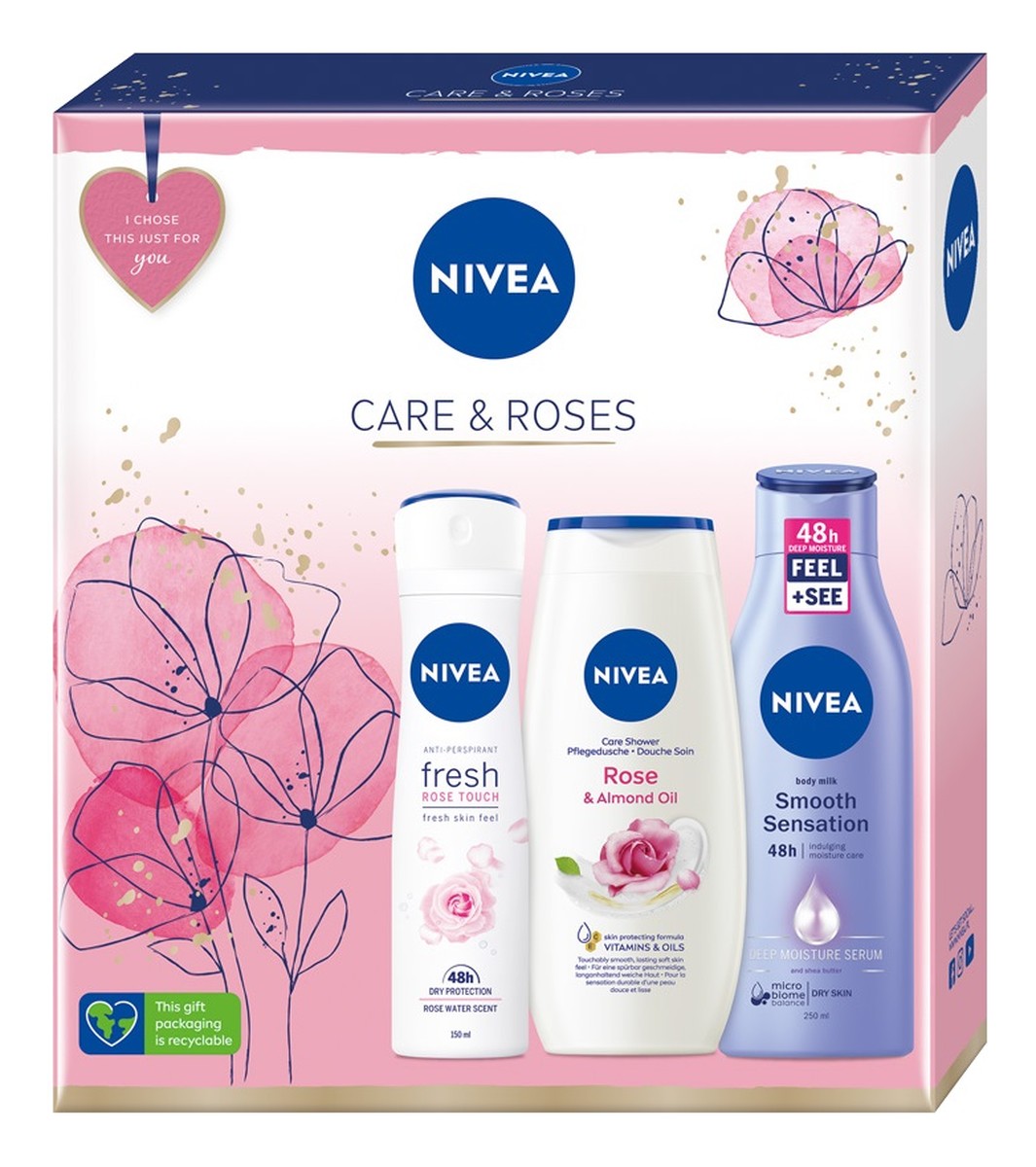 Zestaw fresh rose touch antyperspirant spray 150ml + rose & almond oil żel pod prysznic 250ml + wygładzające mleczko do ciała 250ml