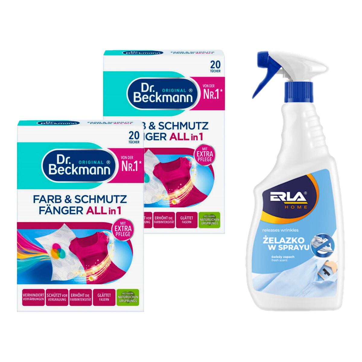 Dr. Beckmann Chusteczki do prania 20 szt.x2 + Erla Żelazko w sprayu 750ml