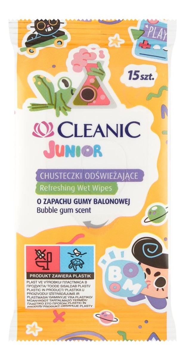 Refreshing Wet Wipes Chusteczki Odświeżające Junior do rąk 15 szt. z Płynem Antybakteryjnym o Zapachu Gumy Balonowej