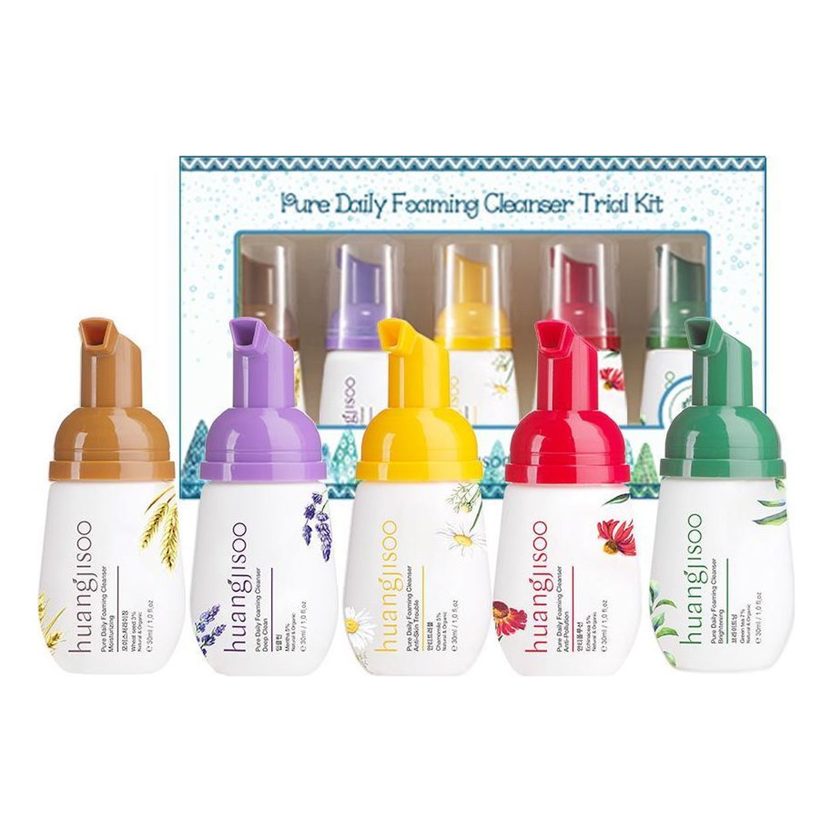 Huangjisoo Pure Daily Foaming Cleanser Trial Kit hypoalergiczne pianki do mycia twarzy mini zestaw5x30ml 150ml