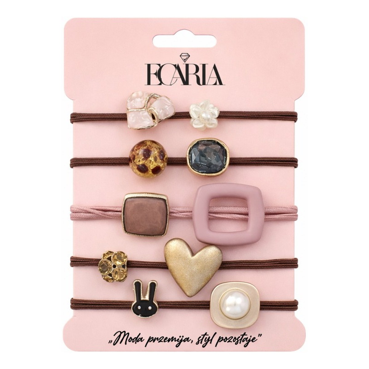 Ecarla Zestaw frotek gumek 5w1 na plakietce brązowe z kamieniami złote serce gum183