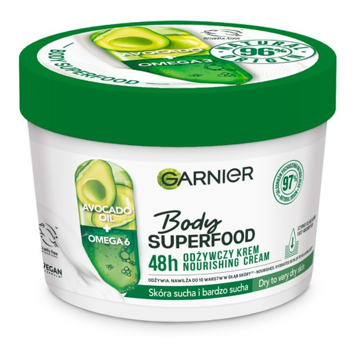 Garnier Body SuperFood Odżywczy Krem do ciała Avocado Oil + Omega 6- Skóra Sucha I Bardzo Sucha 380ml