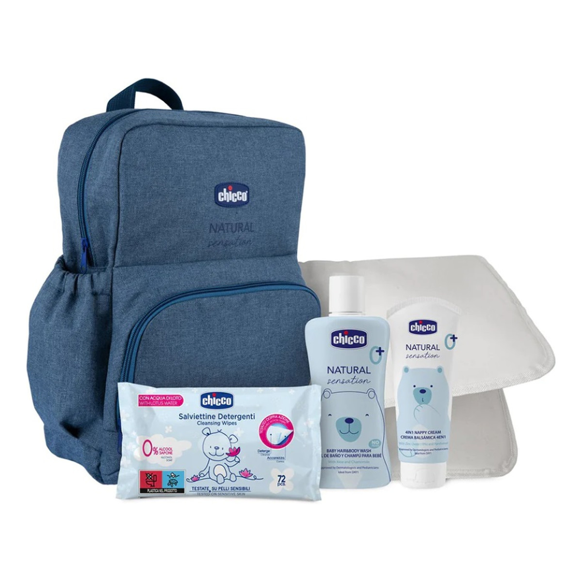 Chicco Natural Sensation Mum and Baby Zestaw płyn do mycia ciała i włosów 200ml + krem do pieluszki 4w1 100ml + chusteczki nawilżane 16szt + mata do zmiany pieluszek + plecak