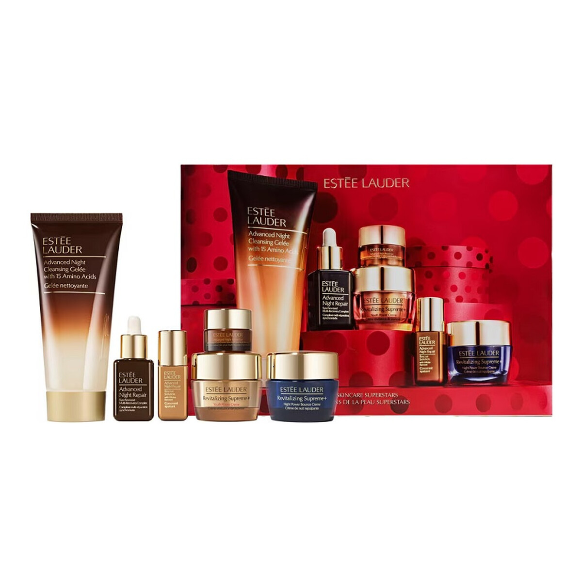 Estee Lauder Skincare Superstars Zestaw żel oczyszczający 100ml + krem-żel pod oczy 5ml + serum łagodzące 5ml + serum regenerujące 15ml + krem nawilżający 15ml + krem rewitalizujący 15ml
