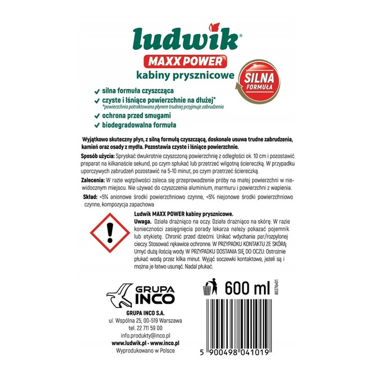 Ludwik Maxx Power Płyn do Mycia Kabin Prysznicowych Extra Mocny Spray 600ml
