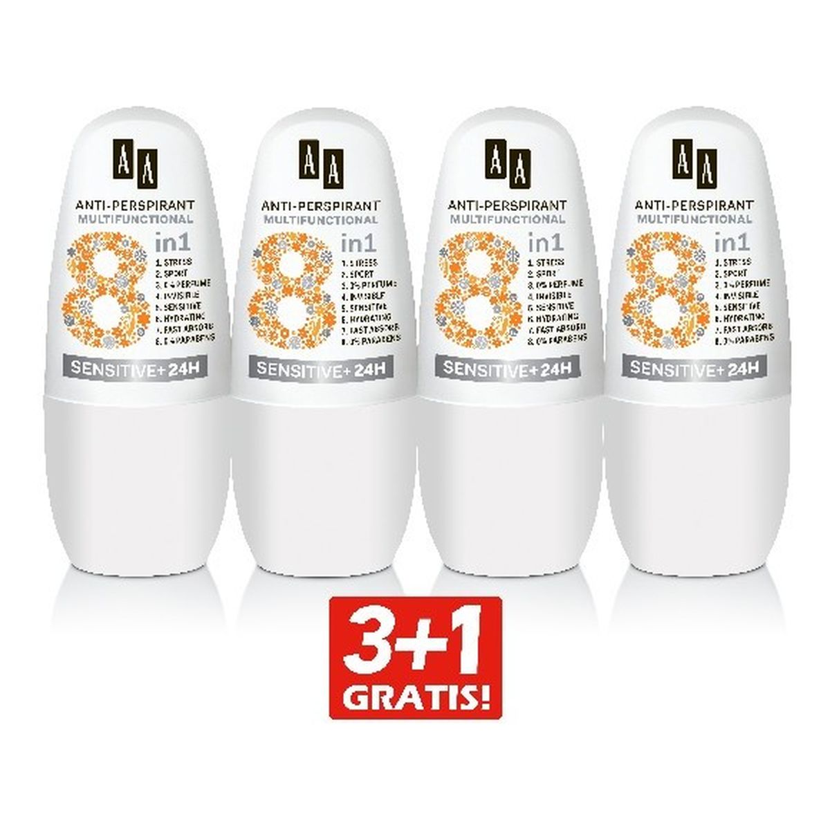 AA Dezodorant roll-on Sensitive 8w1 3+1 GRATIS