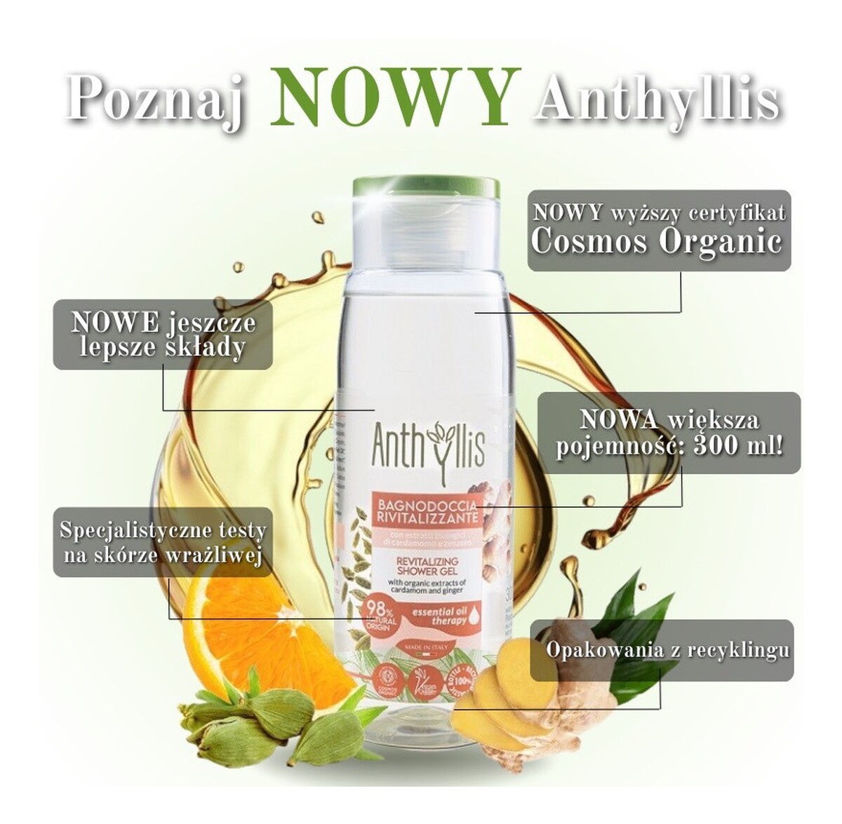 Bio Rewitalizujący żel pod prysznic z ekstraktami z organicznego kardamonu i imbiru