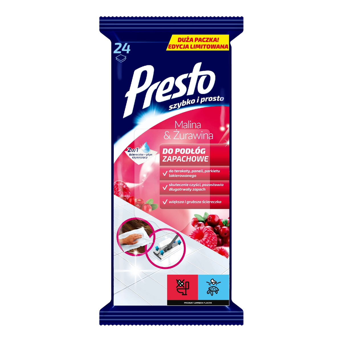 Presto Clean Ściereczki czyszczące do podłóg 2w1 Malina&Żurawina 24szt