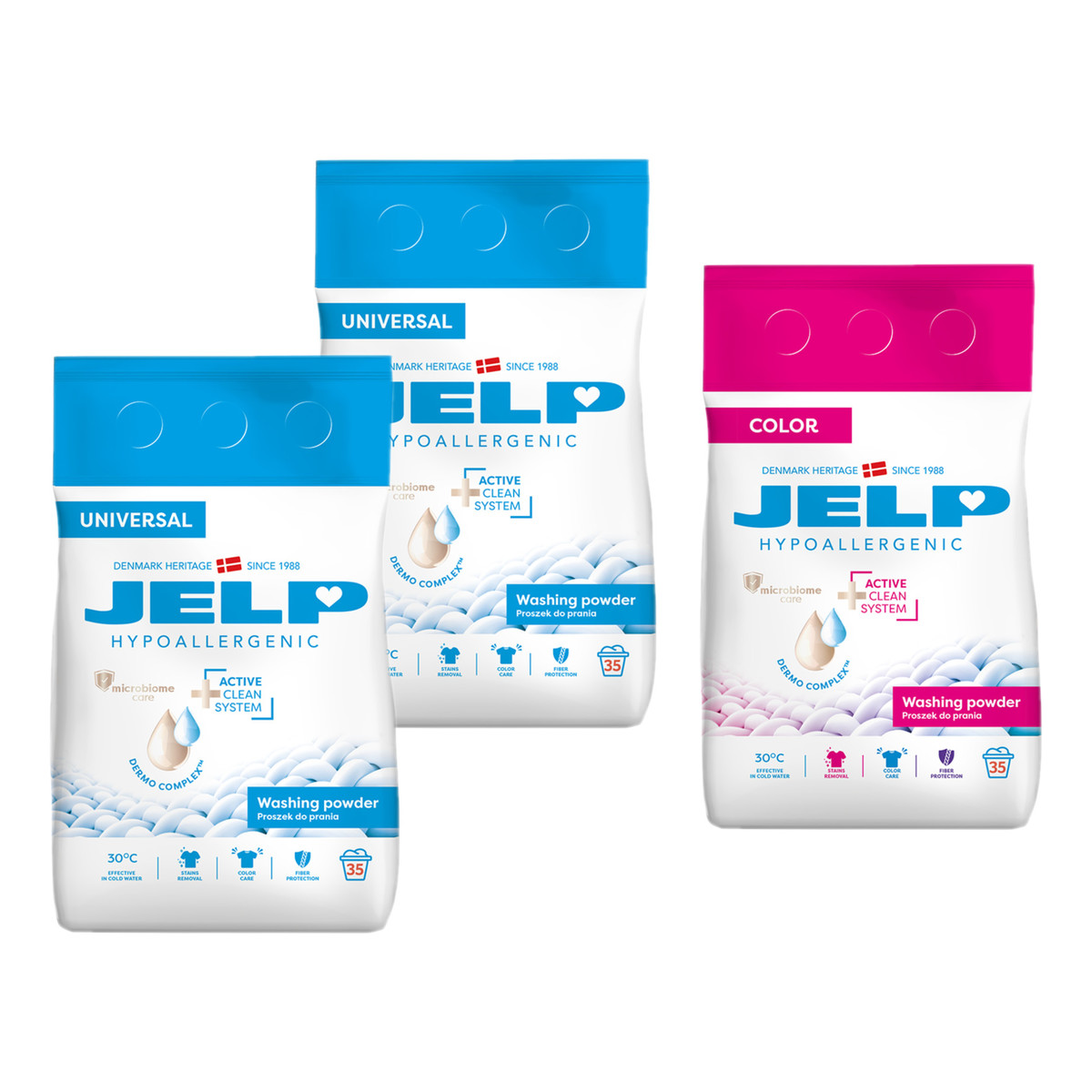 Jelp Hypoallergenic Proszek do prania 2x Universal + 1x Color 3x35 prań 3x2.1kg