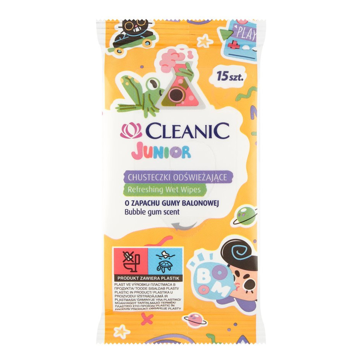 Cleanic Refreshing Wet Wipes Chusteczki Odświeżające Junior do rąk 15 szt. z Płynem Antybakteryjnym o Zapachu Gumy Balonowej