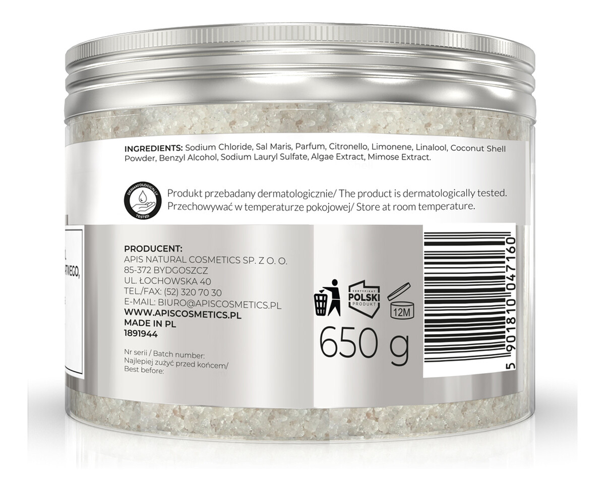 Wygładzająca Sól do Kąpieli z Minerałami z Morza Martwego Algami Morskimi i Drobinkami Kokosa