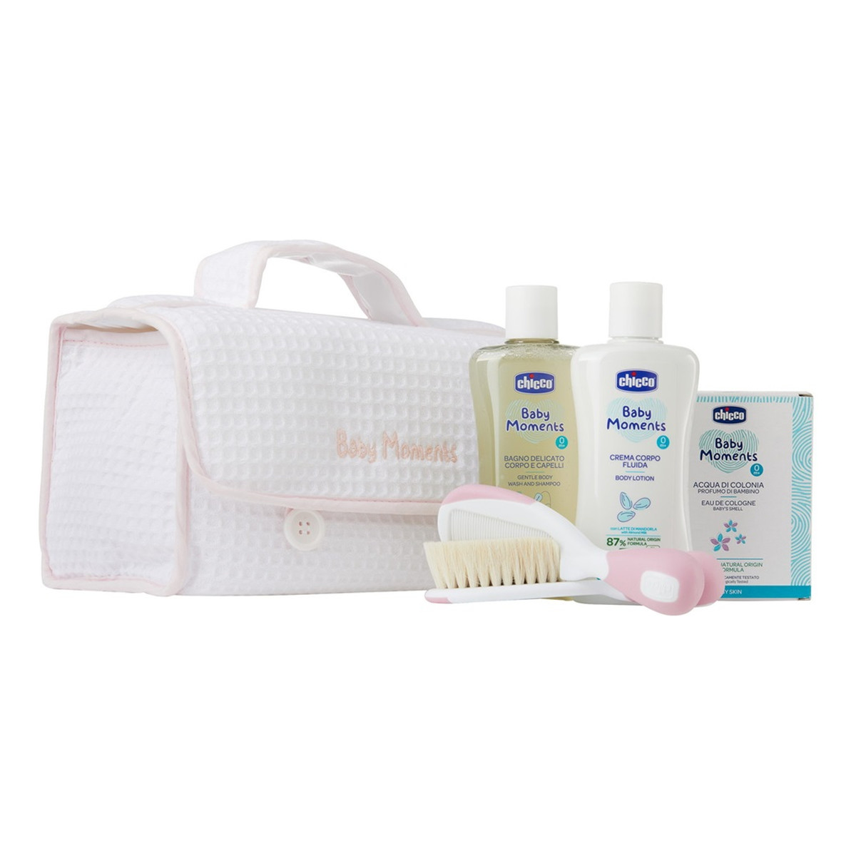 Chicco Baby Moments Pink Zestaw płyn do mycia 200ml + balsam do ciała 200ml + woda perfumowana 100ml + szczotka i grzebień + kosmetyczka