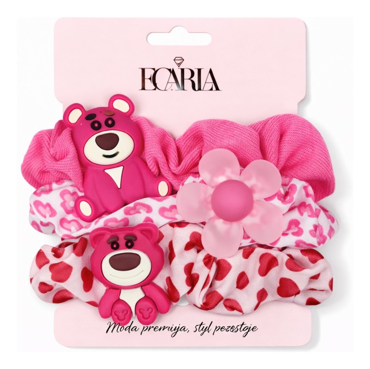 Zestaw frotek gumek 3w1 na plakietce różowe misie kwiat gum190