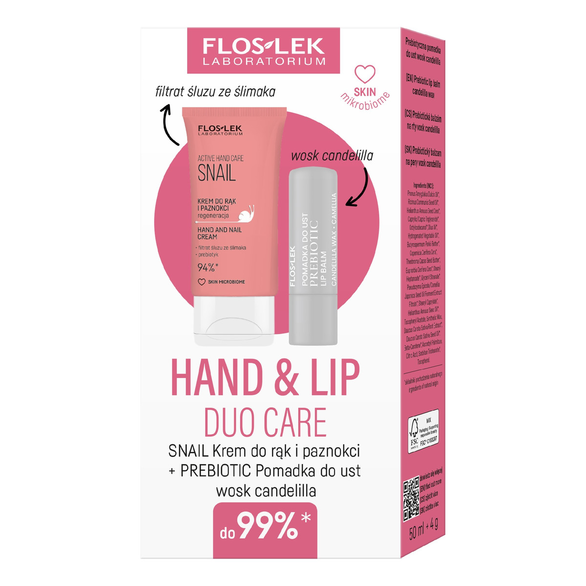 FlosLek Snail Zestaw prezentowy Hand & Lip DUO Care krem do rąk 50ml+pomadka ochronna Prebiotic