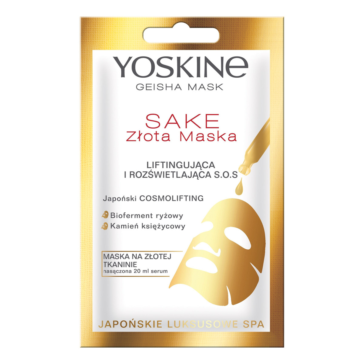 Yoskine Geisha Mask Sake Złota Maska na tkaninie liftingująca i rozświetlająca S.O.S. 20ml