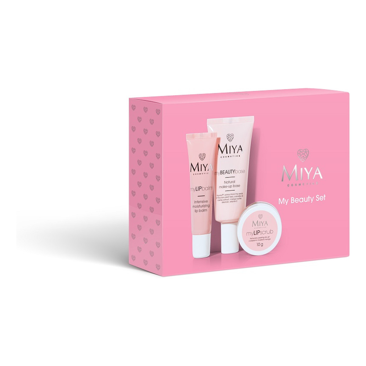 Miya Cosmetics My Beauty Set Zestaw peeling do ust z olejkami i masłem mango 10g + nawilżający balsam do ust 15ml + naturalna baza pod makijaż 30ml