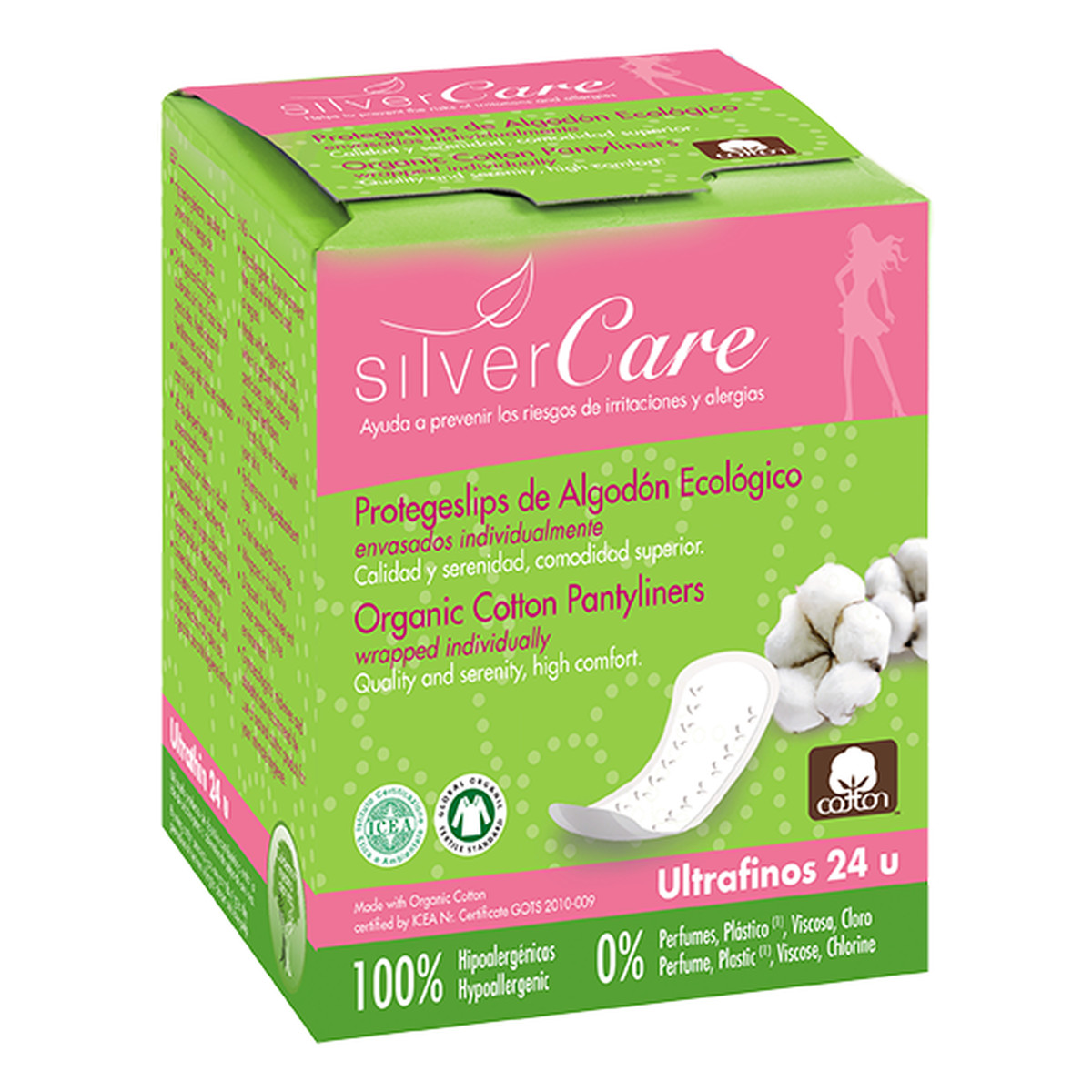 MASMI Silver Care Ultracienkie wkładki higieniczne o anatomicznym kształcie 100% bawełny organicznej 24szt