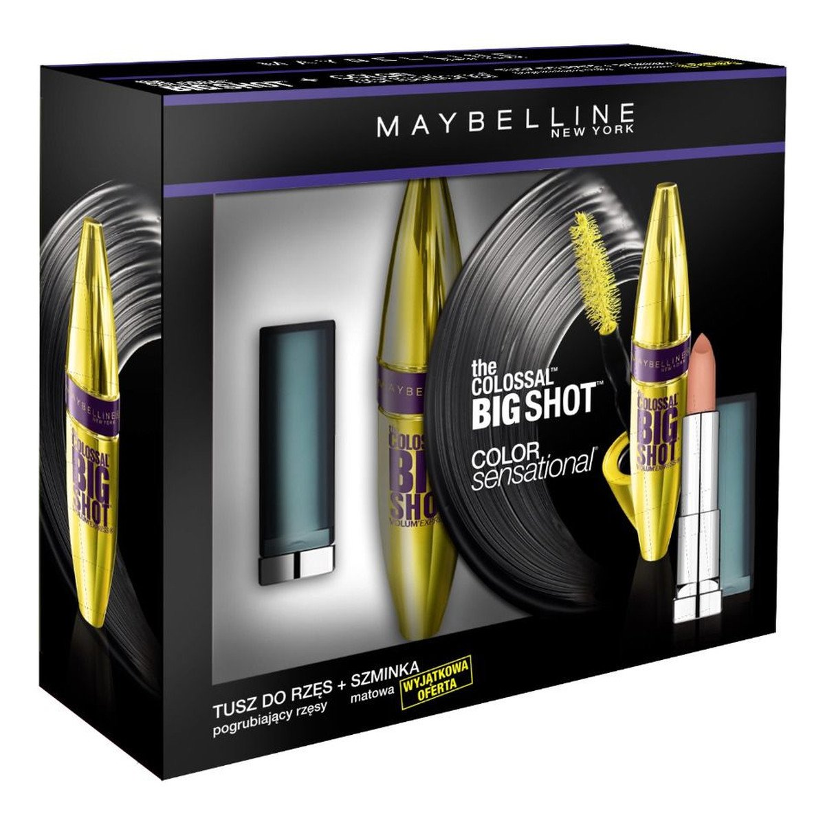 Maybelline zestaw (The Colossal Big Shot Mascara tusz do rzęs pogrubiający 10,7ml + Color Sensational pomadka matowa 930 Nude Embrace 25g)