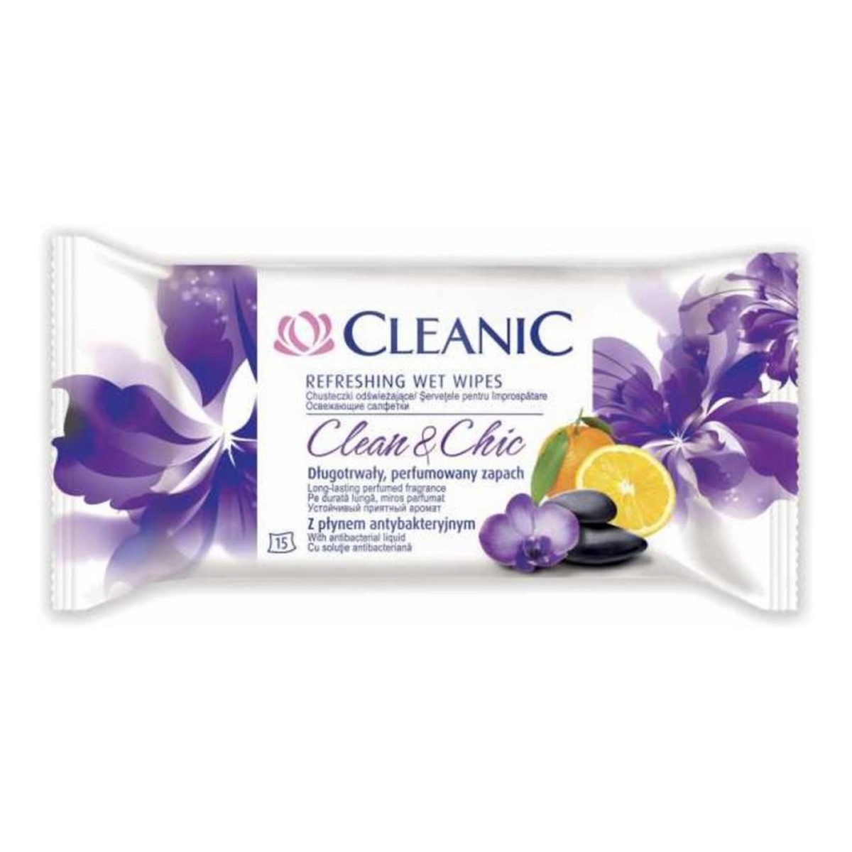 Cleanic Refreshing Wet Wipes Chusteczki Odświeżające Clean & Chic 15 szt. z Płynem Antybakteryjnym