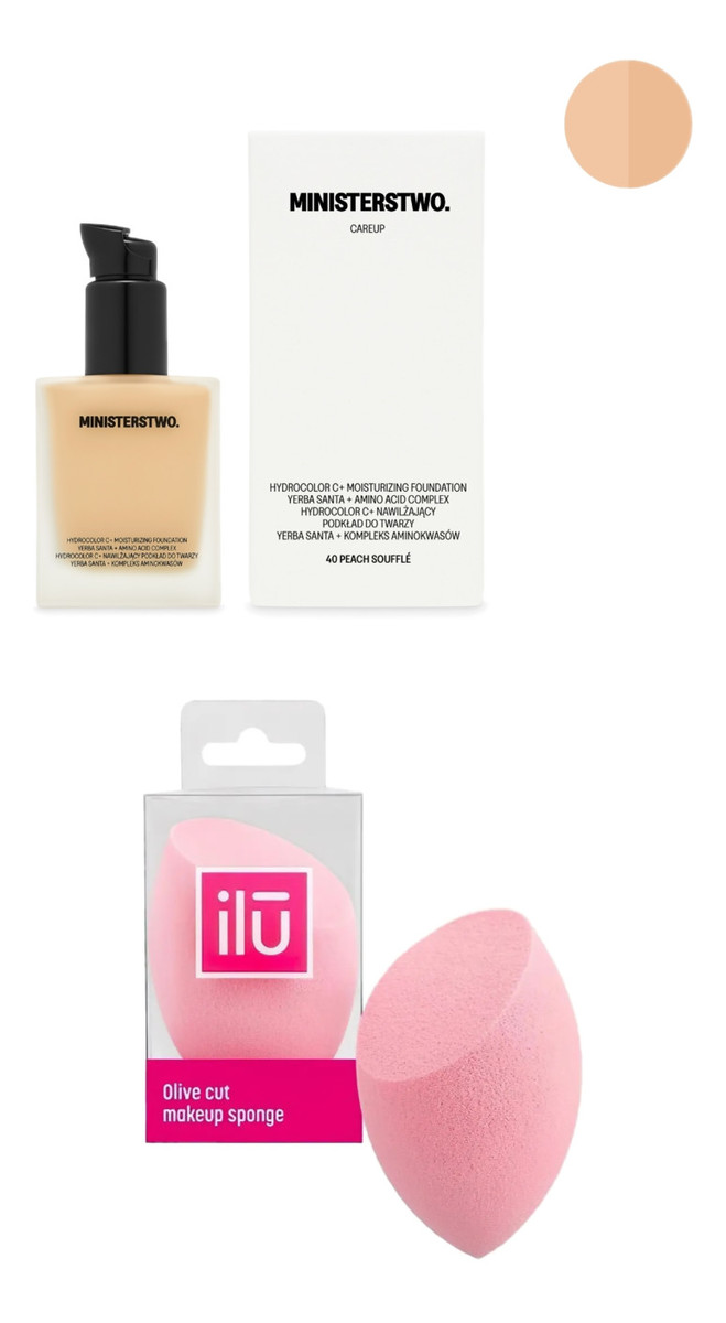 Naturalny podkład do twarzy Peach Souffle (40) + Gąbeczka do podkładu Pink
