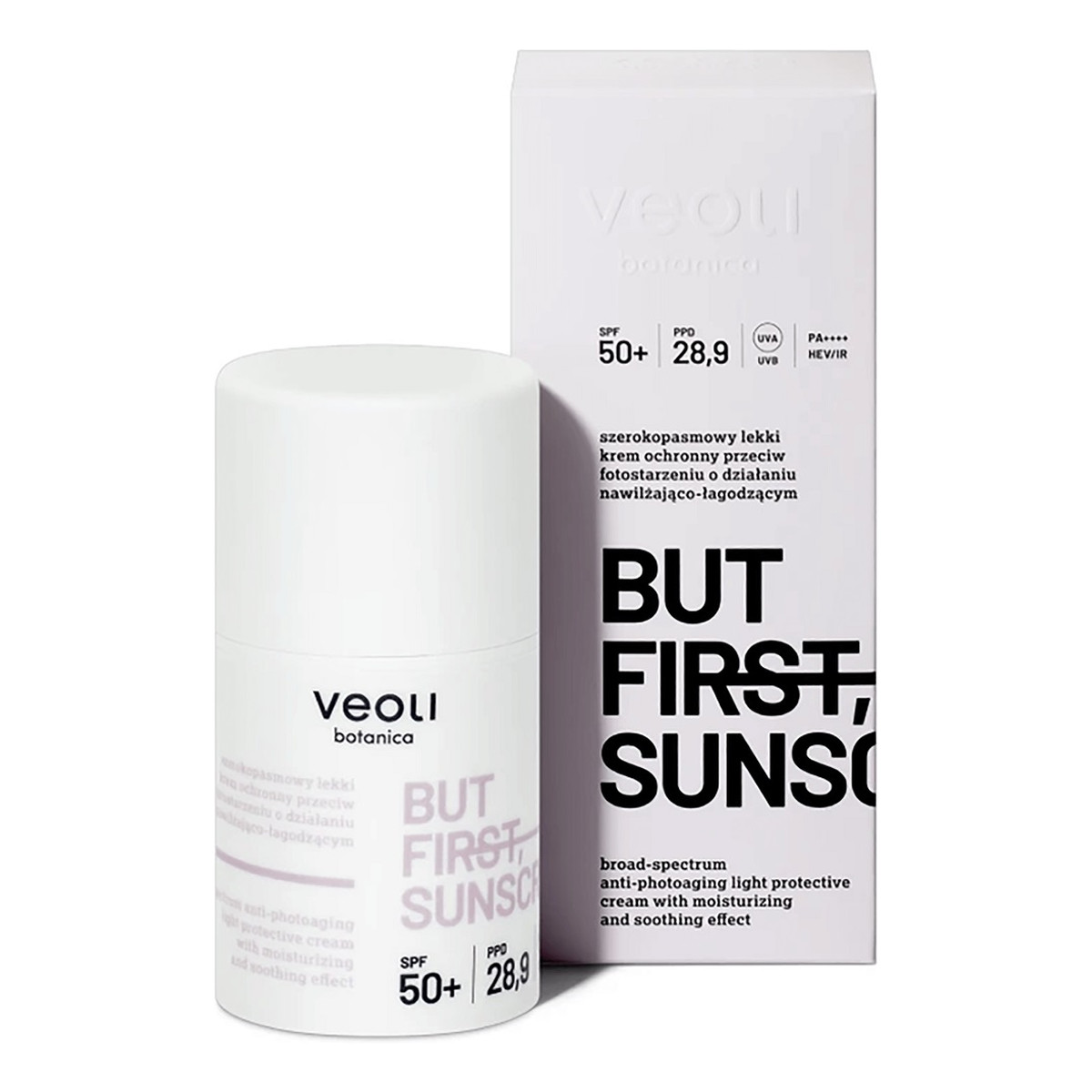 Veoli Botanica But First Sunscreen lekki Krem ochronny przeciw fotostarzeniu o działaniu nawilżająco-łagodzącym spf50+ 50ml